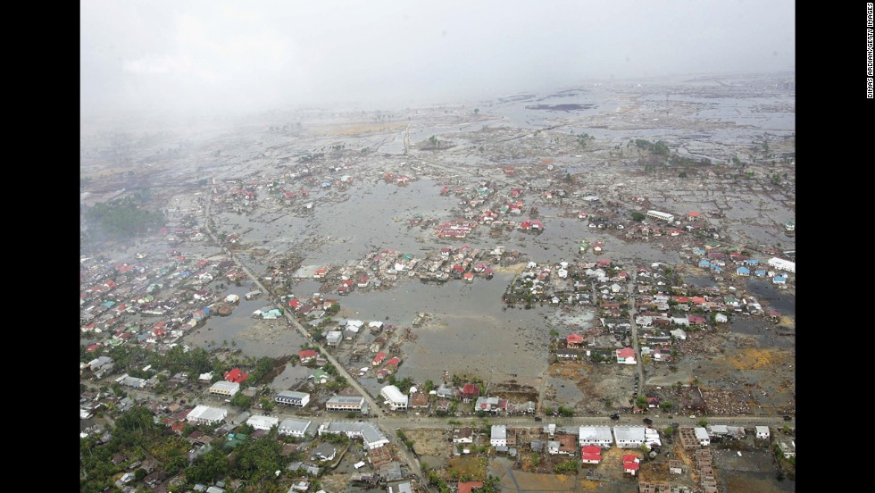 An aerial shot taken on January 8, 2005, shows flooding and devastation to the west of Aceh in Banda Aceh. Aceh was the worst hit location, being the closest major city to the epicenter of the 9.1 magnitude quake.