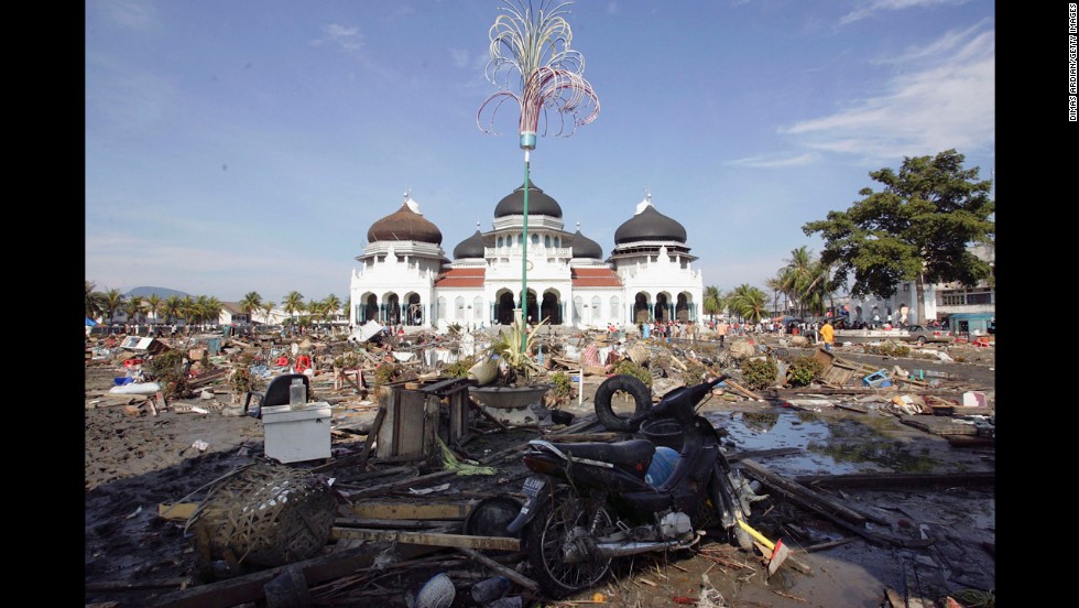 Devastation surrounds the Grand Mosque in Banda Aceh on December 28, 2004.