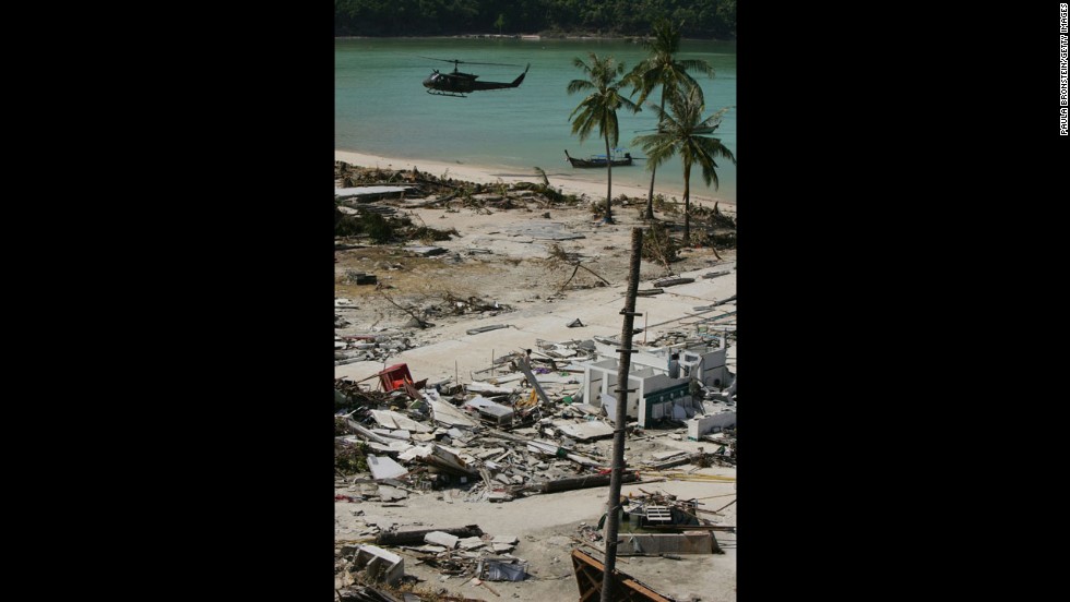 A helicopter lands with emergency supplies on December 28, 2004, in Phi Phi Village.