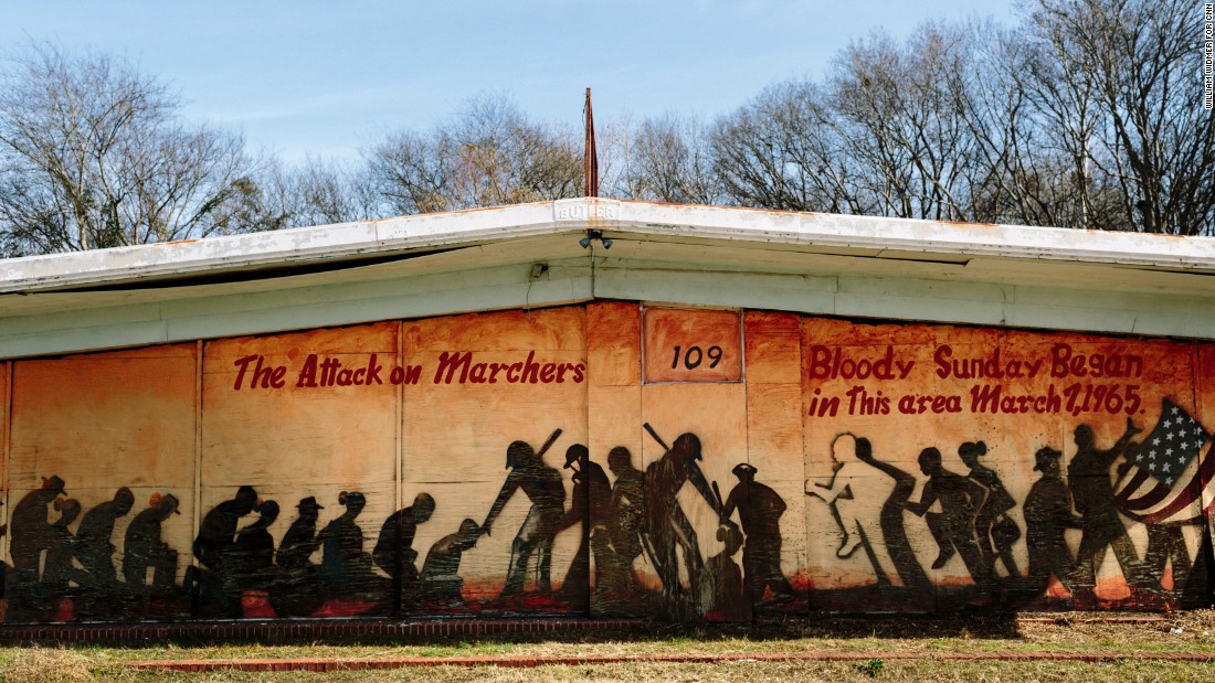 A mural on a building at the foot of the Edmund Pettus Bridge commemorates Bloody Sunday. Some scenes for the movie &quot;Selma&quot; were filmed near this building.