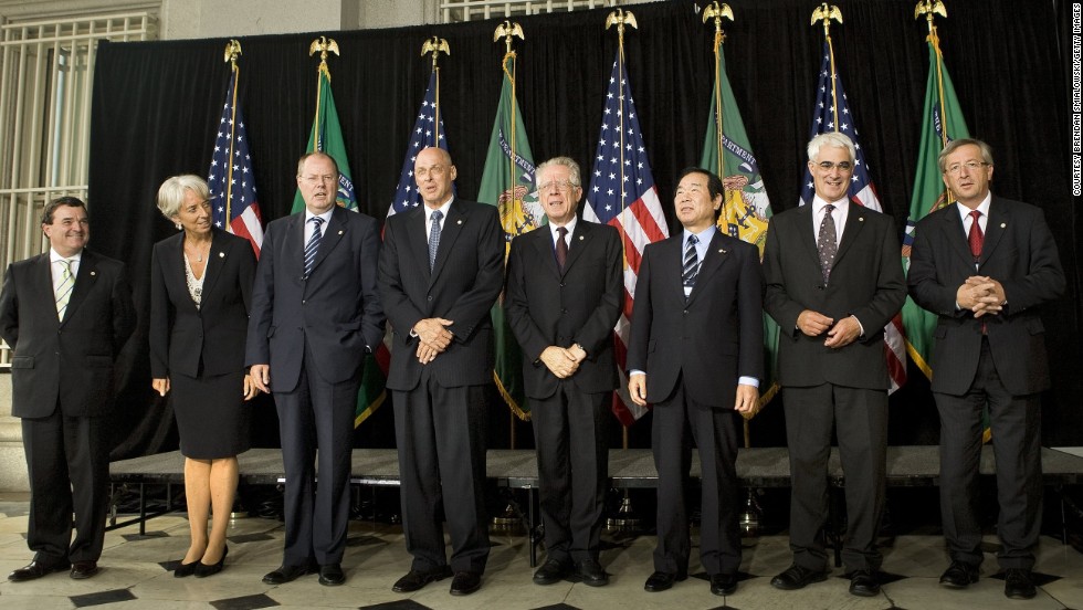 In 2007, the mother of two became Finance and Economy Minister for France, making her the first woman to adopt this position in a G7 country. &lt;br /&gt;&lt;br /&gt;In this picture she stands with her fellow G7 finance ministers in Washington DC.&lt;br /&gt;&lt;br /&gt;From left to right: James Flaherty of Canada, Christine Lagarde of France, Peer Steinbruck of Germany, Henry Paulson of the United States, Tommaso Padoa-Schioppa of Italy, Fukushiro Nukaga of Japan, Alistair Darling of the United Kingdom, and Jean-Claude Juncker of the Eurogroup.  