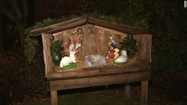 A pig&#39;s head wrapped in plastic was left in the center of the manger in the church&#39;s nativity scene.