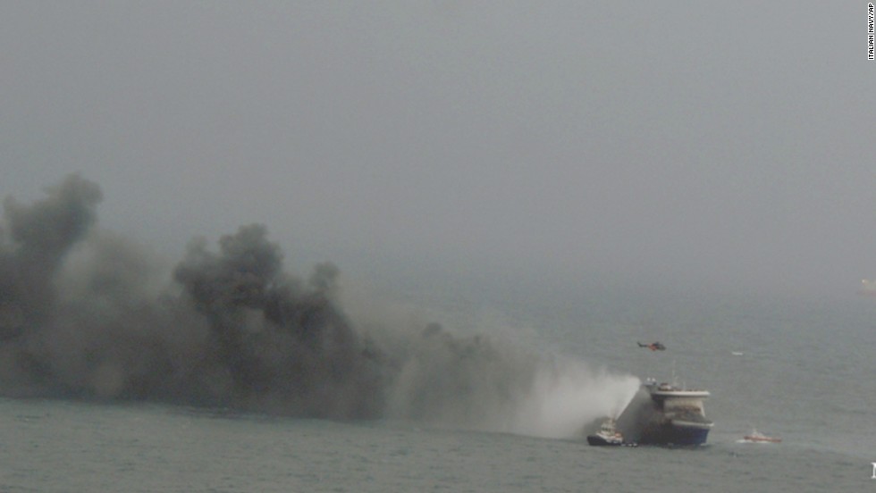 Smoke billows from the ferry. It was heading from Igoumenitsa, Greece, to Ancona, Italy.