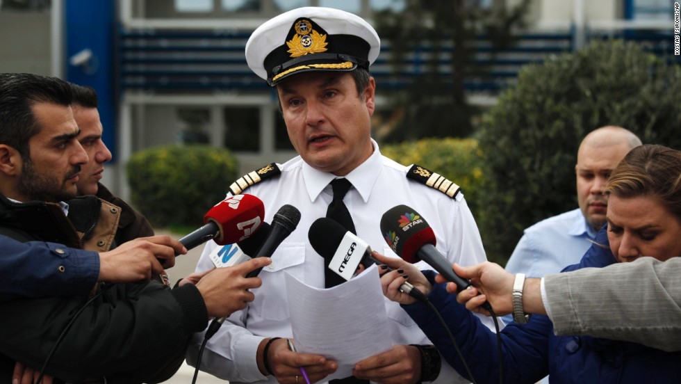 Greece&#39;s Coast Guard spokesman Nikolaos Lagadianos delivers a statement  concerning the fire to the media in Piraeus port. 