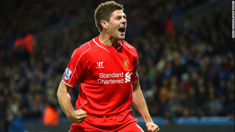 Steven Gerrard of Liverpool celebrates after scoring his team's second goal during the Barclays Premier League match between Leicester City and Liverpool at The King Power Stadium on December 2, 2014 in Leicester, England. 