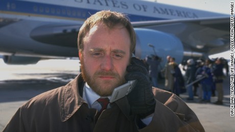 Paul Begala, White House aide to President Bill Clinton, in front of Air Force One in 1993 during a campaign trip for the president&#39;s economic package.