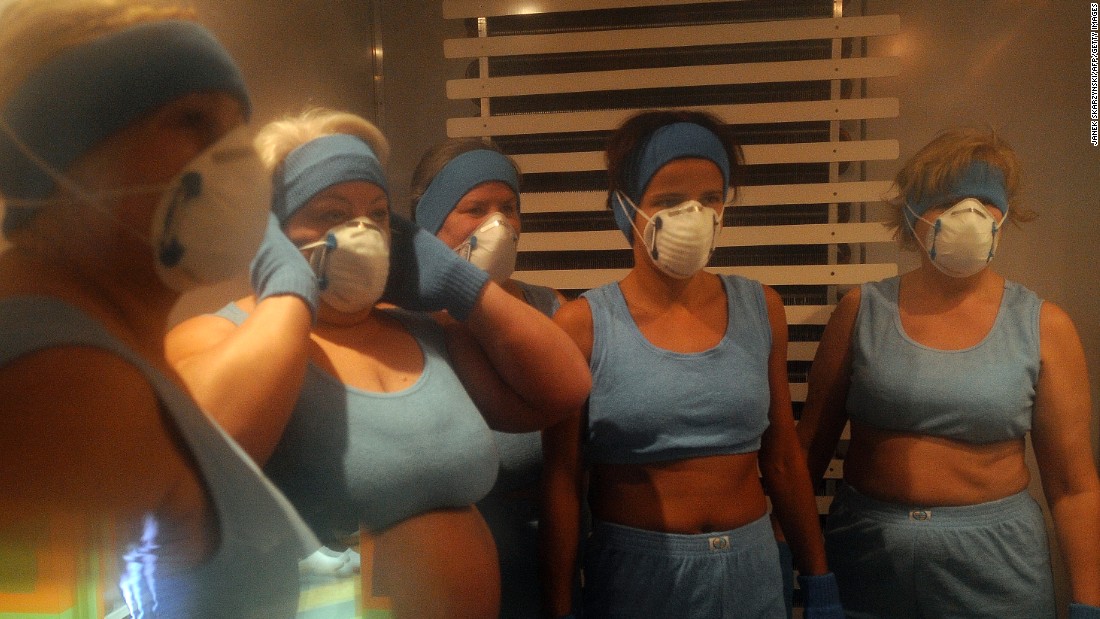 Protective clothing to keep the chill away from the delicate parts of the body is a must for these female cryotherapy participants at the pioneering Olympic Sports Center in Spala, near the Polish capital of Warsaw.
