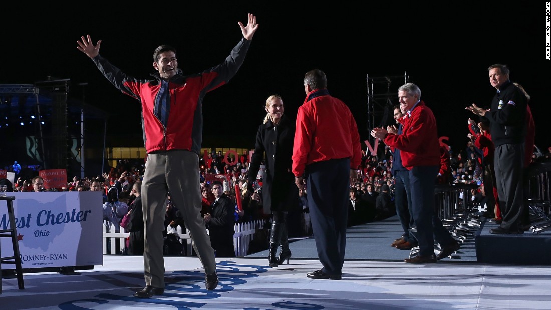 Ryan greets supporters during a presidential campaign rally with Mitt Romney at The Square at Union Centre in West Chester, Ohio, on November 2, 2012.