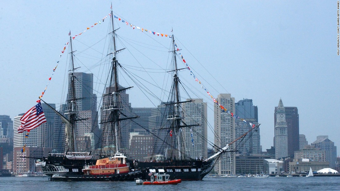 The USS Constitution is shown in Boston Harbor in 2005. The tall-masted frigate in the oldest active warship in the world.