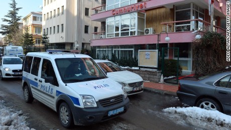 Police patrol outside the Ankara offices of Cumhuriyet in January.