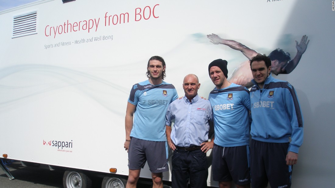 West Ham United is one of several English Premier League soccer teams to use the mobile cryotherapy unit, which has been on the road since 2013. Here players Andy Carroll, Kevin Nolan and Joey O&#39;Brien prepare to enter its chilly interior.