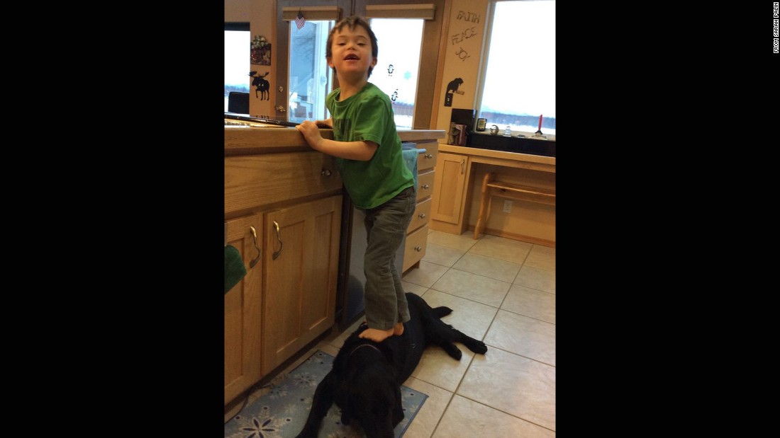 PETA criticized Sarah Palin in January after she posted this photo of her 6-year-old son, Trig, stepping on a family dog to reach the kitchen sink. &quot;Dear PETA,&quot; Palin responded via Facebook. &quot;Chill. At least Trig didn&#39;t eat the dog.&quot;