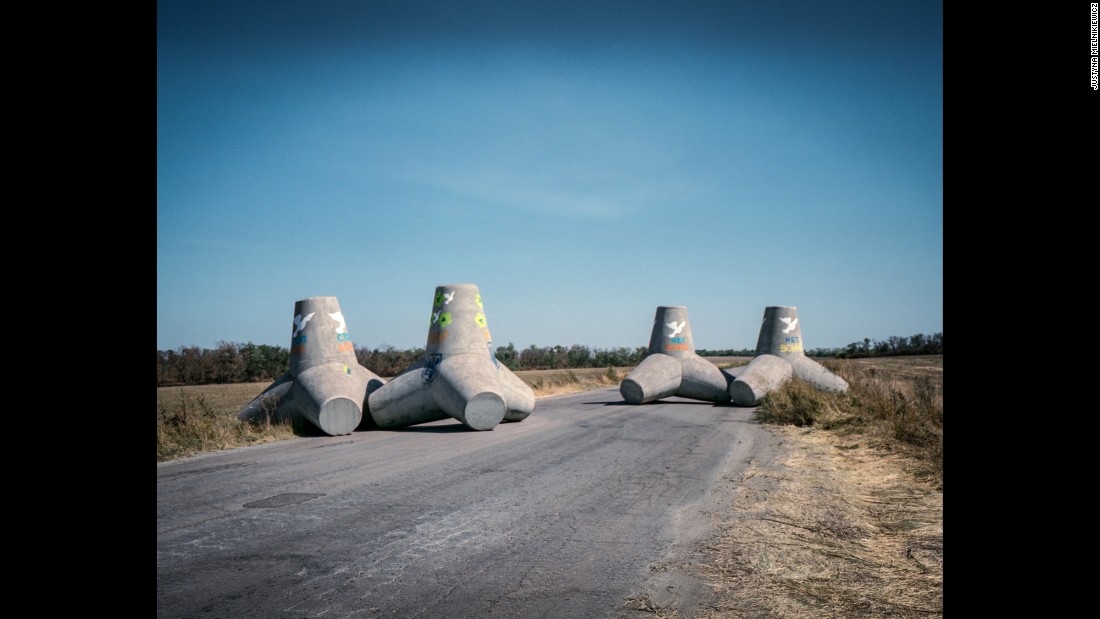Cement wave-breakers block the road from Novoazovsk. Before the war that road was loaded with cars traveling between Russia and Ukraine. 