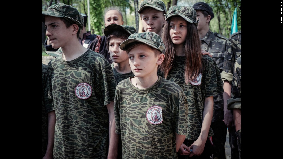 Schoolchildren take part in a survival skills exercise organized by local pro-Ukrainian Cossacks.