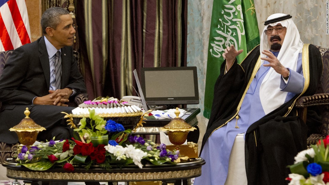 The King meets with U.S. President Barack Obama at Rawdat Khurayim, the monarch&#39;s desert camp in Saudi Arabia, on March 28.
