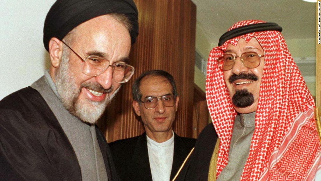 Iranian President Mohammad Khatami meets Prince Abdullah in December 1997, during a break of the Islamic Conference summit in Tehran, Iran. Abdullah was the highest-ranking Saudi official to visit Tehran since the 1979 Iranian Islamic Revolution. 