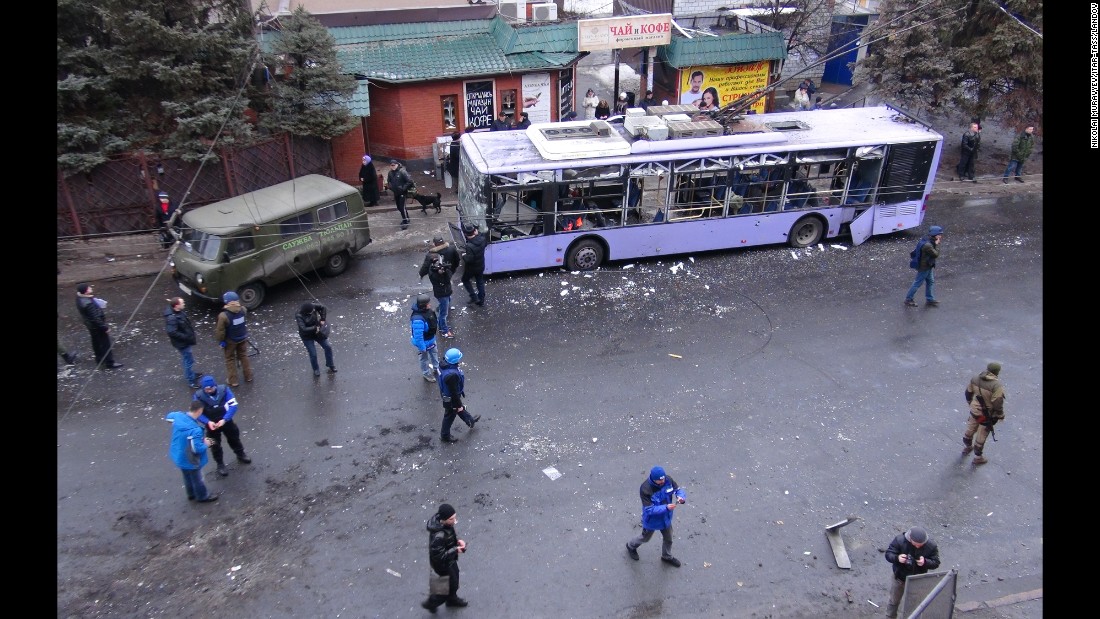 A trolleybus is damaged in Donetsk&#39;s Lenin District after its station was hit by a shell on January 22.