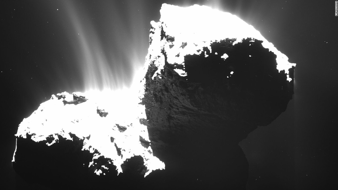 A camera on Rosetta took this picture of Comet 67P/Churyumov-Gerasimenko on November 22, 2014, from a distance of about 19 miles (31 kilometers). The nucleus is deliberately overexposed to reveal jets of material spewing from the comet. The 2.5-mile-wide (4-kilometer) comet has shown a big increase in the amount of water its releasing, according to NASA. The space agency says about 40 ounces (1.2 liters) of water was being sprayed into space every second at the end of August 2014. 