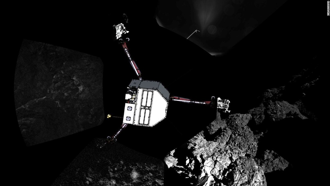 Philae snapped these images after landing, and mission scientists used them to create a panoramic view of the landing site. A graphic shows where the probe would be sitting in the photograph.