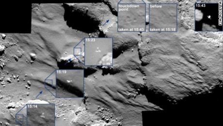 Rosettaapos;s lander, Philae, wasnapos;t in grado di ottenere una buona presa sulla cometa dopo aver toccato terra. Questo mosaico mostra i movimenti di Philaeapos;s mentre rimbalzava sulla cometa.