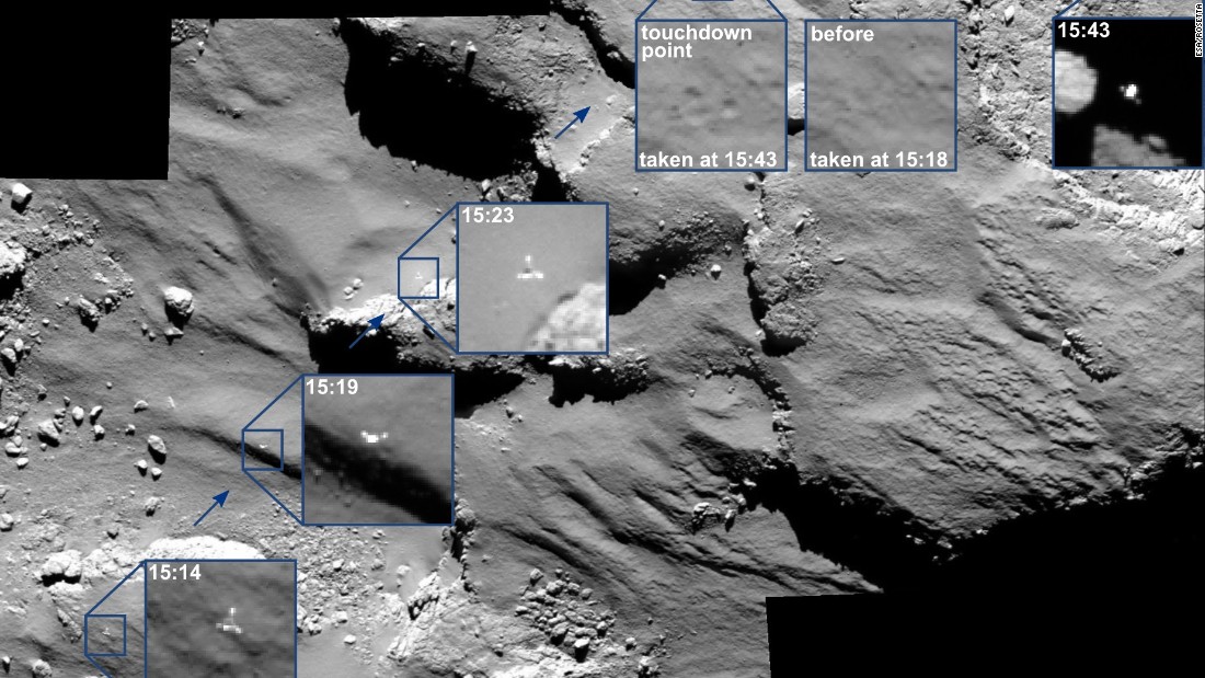 Rosetta&#39;s lander, Philae, wasn&#39;t able to get a good grip on the comet after it touched down. This mosaic shows Philae&#39;s movements as it bounced across the comet.