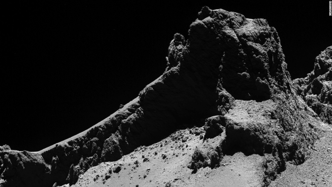 Rosetta took this picture of a section of the comet&#39;s two lobes from a distance of about 5 miles (8 kilometers) on October 14, 2014.
