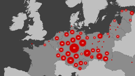 The Nazis created hundreds of concentration camps across Europe during their 12 years in power. Numbers in the circles show how many camps were in each area.
