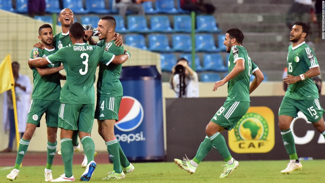 Algeria players celebrate after Riyad Mahrez opened the scoring in their country&#39;s Group C AFCON fixture against Senegal.
