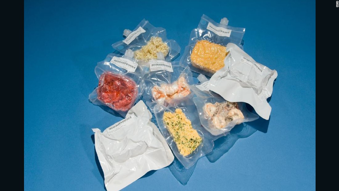 Freeze-dried meals ready for take off. The process locks in all of the flavor and nutrients whilst preventing the food from biodegrading. 