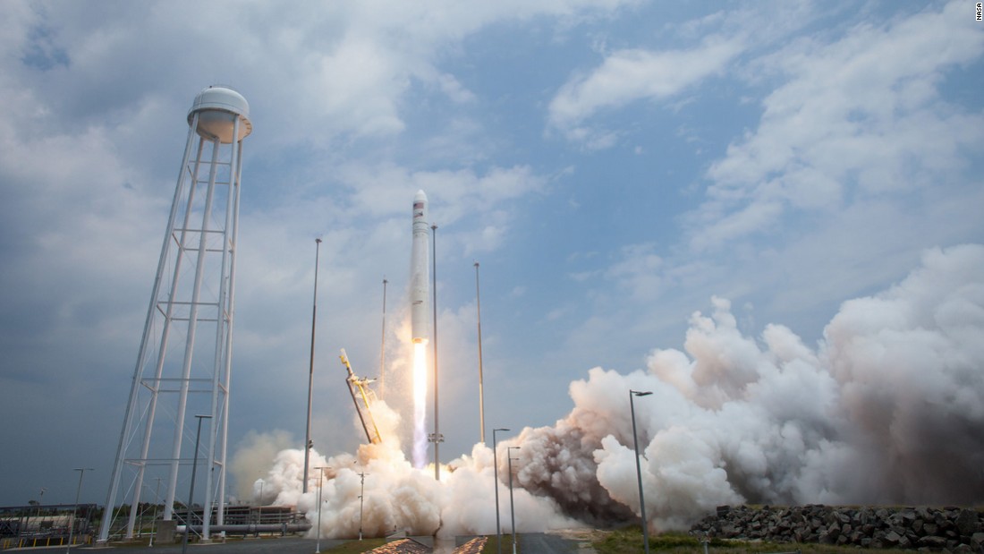 A supply vessel takes off from Wallops Flight Facility in Virginia, July 2014. The spacecraft contained 3,000 pounds of supplies destined for the ISS, including hardware, spare parts and food for the astronauts. 