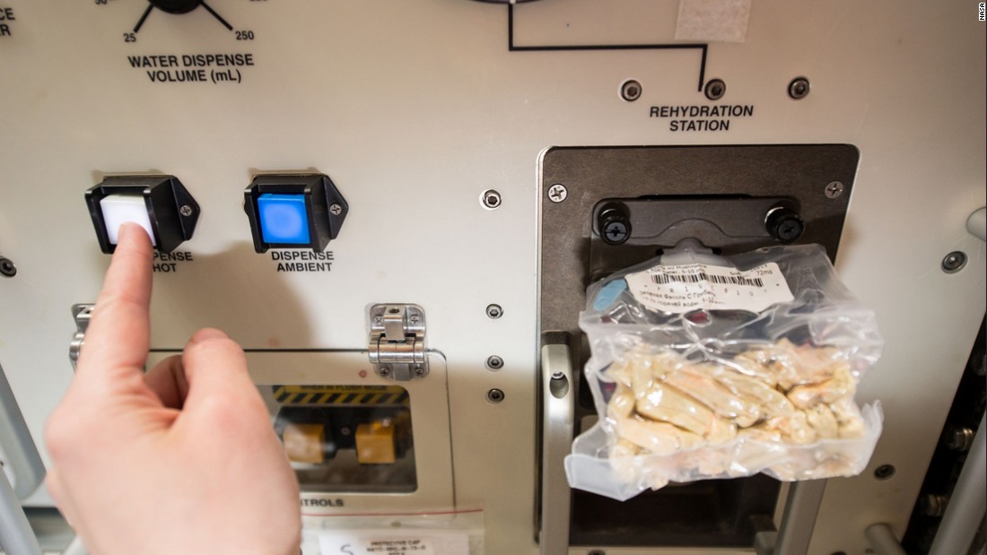 Food is rehydrated on board the ISS using its limited water supply. The ISS employs an extensive recycling program -- including air humidity and the astronauts&#39; urine.
