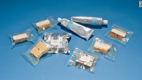 Pastes in tubes and bite-sized cubes from the Mercury and Gemini missions in 1961-1969.