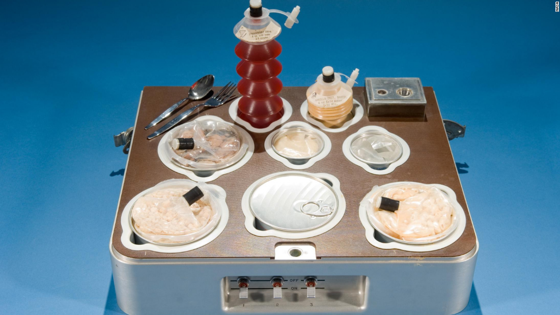 The food and drink served aboard Skylab (1973-1979). Because Skylab had freezers, it was the closest experience yet to eating at home. Meals were defrosted and reheated, with the three astronauts supplied for 112 days at a time. 
