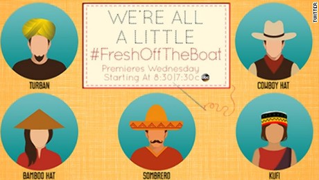 This graphic, attached to a tweet  promoting the sitcom Fresh Off The Boat, was deleted after story creator Eddie Huang complained.