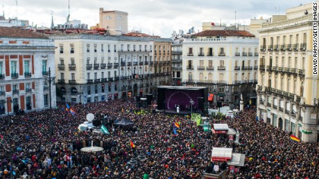 Podemos supporters gather in Madrid&#39;s Puerta del Sol square on Saturday, January 31. 