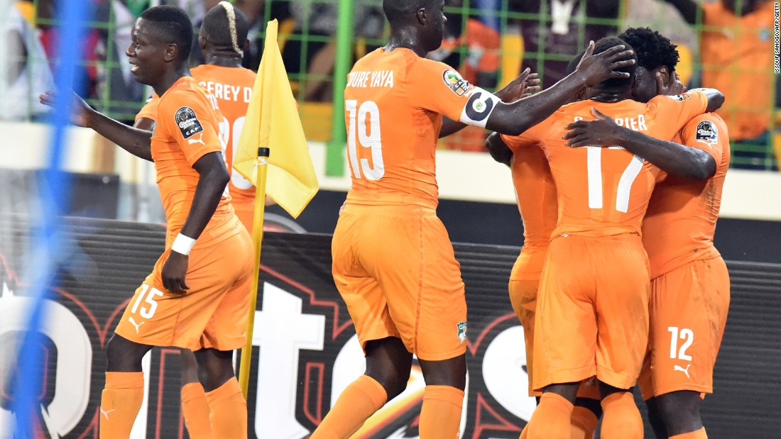 Wilfried Bony (far right) is congratulated by his Ivory Coast teammates after scoring during the 3-1 win over Algeria in the AFCON quarterfinals.