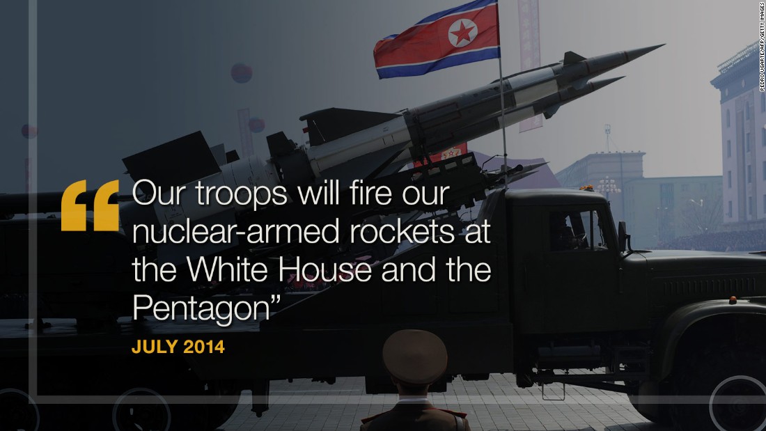 &lt;strong&gt;July 2014:&lt;/strong&gt; North Korea threatens to hit the White House and Pentagon with nuclear weapons. American &quot;imperialists threaten our sovereignty and survival,&quot; North Korean officials reportedly said after the country accused the U.S. of increasing hostilities on the border with South Korea. &quot;Our troops will fire our nuclear-armed rockets at the White House and the Pentagon -- the sources of all evil,&quot; North Korean Gen. Hwang Pyong-So said, &lt;a href=&quot;http://www.telegraph.co.uk/news/worldnews/asia/northkorea/10997161/North-Korea-threatens-nuclear-strike-on-White-House.html&quot; target=&quot;_blank&quot;&gt;according to The Telegraph.&lt;/a&gt;