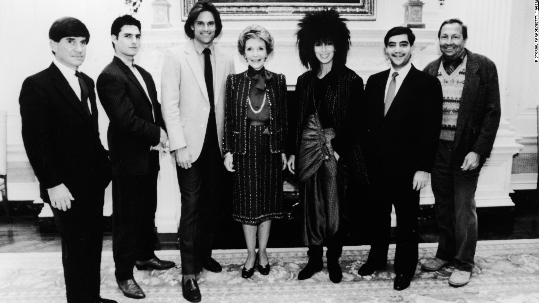 Jenner, who was diagnosed with dyslexia while growing up, joins first lady Nancy Reagan, other celebrities and recipients of the Outstanding Learning Disabled Achiever Award at the White House in 1985. From left to right are G. Chris Anderson, Tom Cruise, Jenner, Reagan, Cher, Richard C. Strauss and Robert Rauschenberg. 