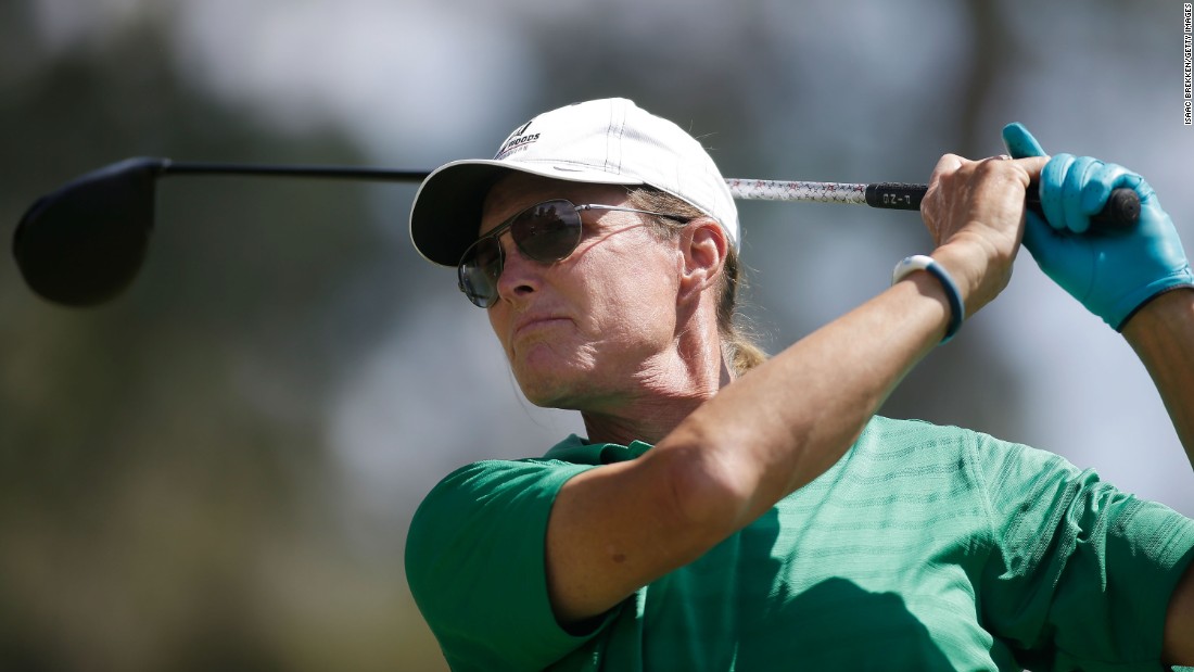 Jenner hits a tee shot at a celebrity golf tournament in North Las Vegas, Nevada, in 2014.