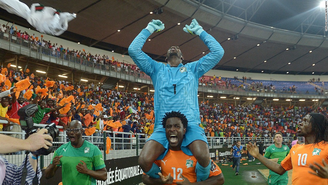Ivory Coast hero Boubacar Barry is lifted on the shoulders of Wilfried Bony after his team&#39;s victory in the Africa Cup of Nations final over Ghana. Barry scored the winning penalty in the 9-8 shootout win.