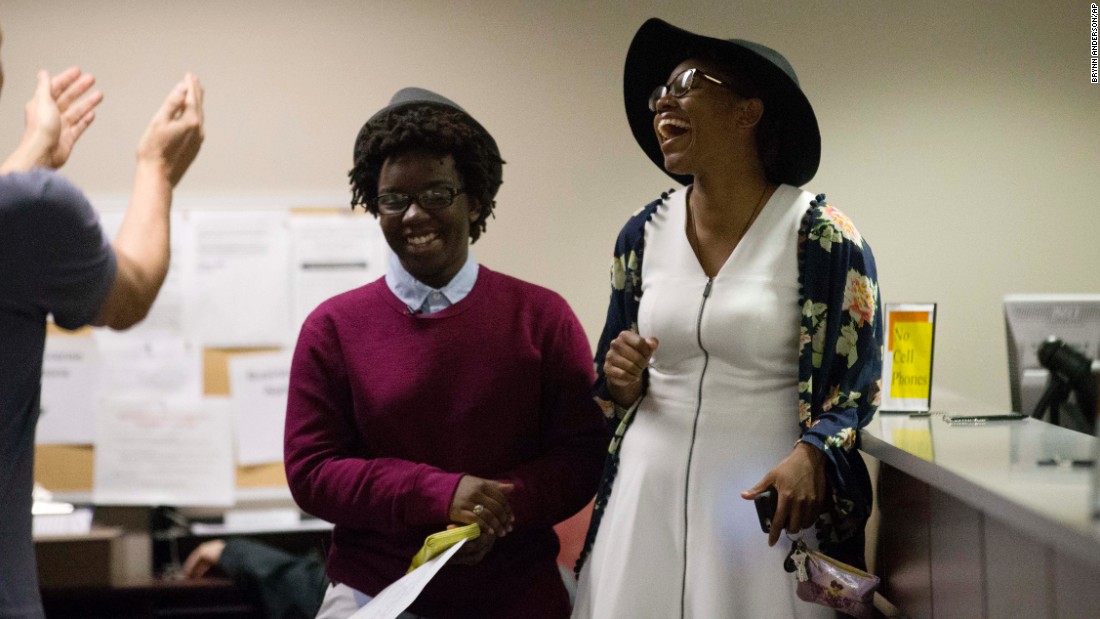 Shante Wolfe, left, and Tori Sisson become the first same-sex couple to file their marriage license in Montgomery, Alabama, on February 9, 2015. However, seven months after the U.S. Supreme Court ruling legalizing such nuptials nationwide, Alabama &lt;a href=&quot;http://www.cnn.com/2016/01/06/politics/roy-moore-alabama-supreme-court/&quot; target=&quot;_blank&quot;&gt;Chief Justice Roy Moore&lt;/a&gt; directed probate judges in his state to enforce the ban on same-sex marriage. Gay rights organizations swiftly denounced Moore&#39;s January 6, 2016, order.