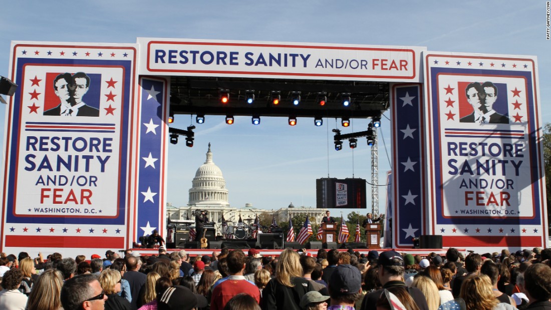 In 2010, Stewart and fellow Comedy Central host Stephen Colbert hosted the Rally to Restore Sanity and/or Fear on the National Mall in Washington. The event was attended by thousands and featured a mock debate and musical guests. 