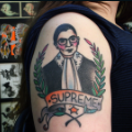 A tattoo of Supreme Court Justice Ruth Bader Ginsburg on the arm of college student Rachel Fink.