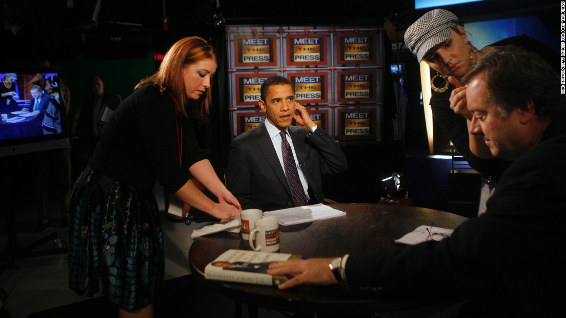 Obama appears on &quot;Meet the Press&quot; with Tim Russert, right, in Des Moines, Iowa, in November 2007.