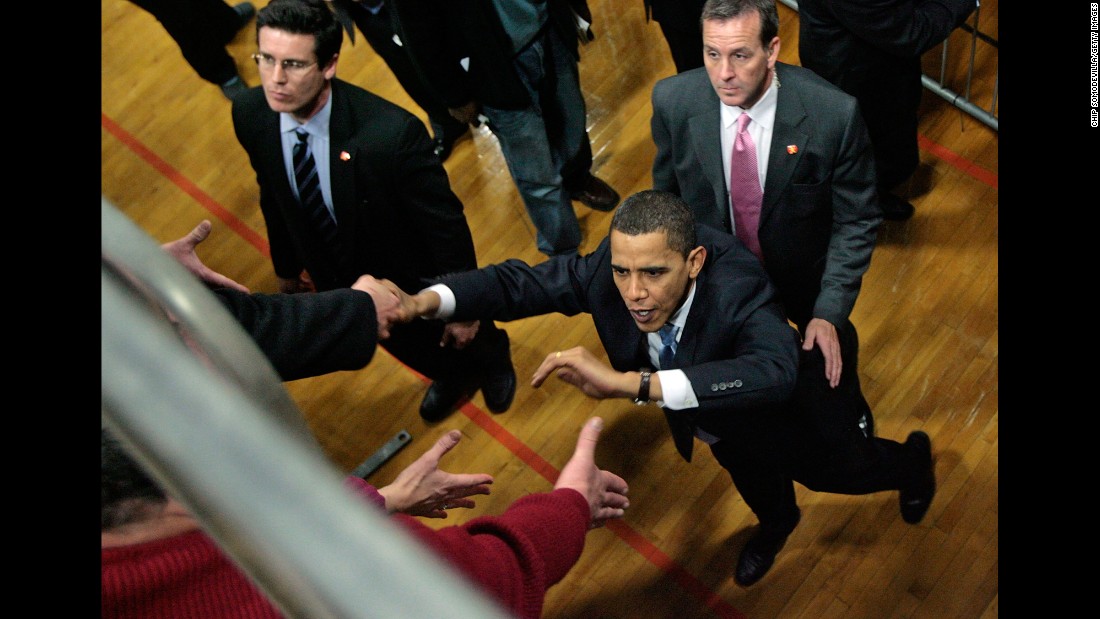 Obama shakes hands with supporters after addressing a rally in Concord, New Hampshire, in January 2008.