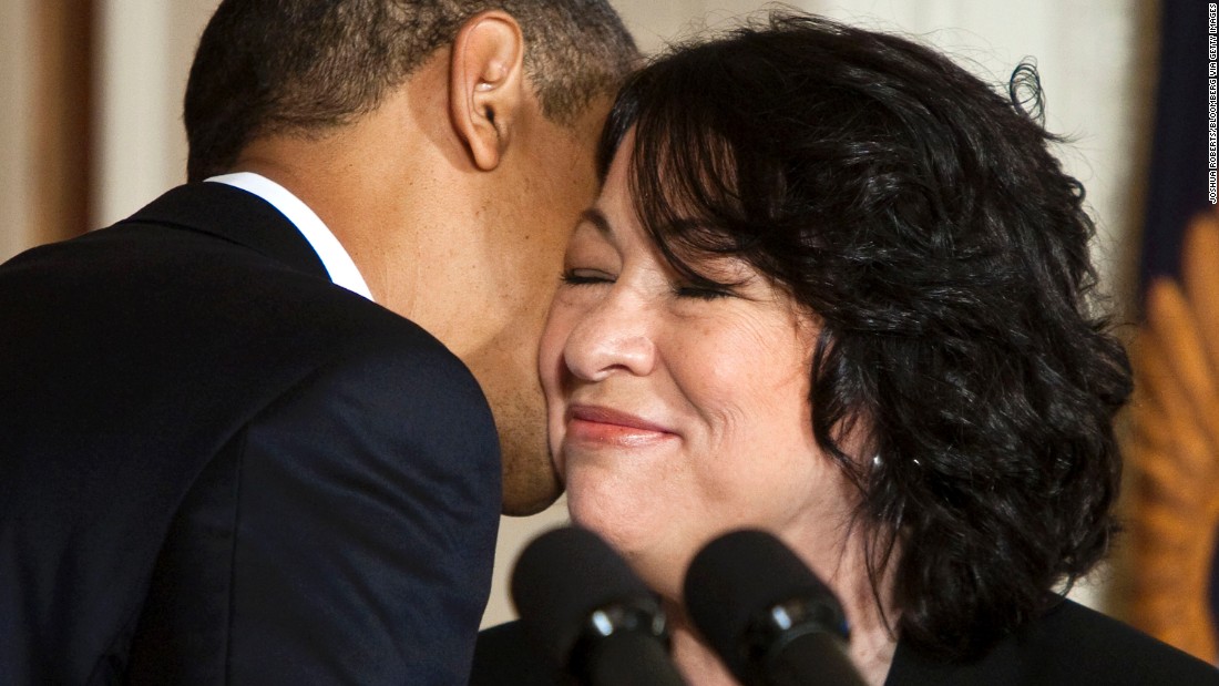 Obama kisses Sonia Sotomayor&#39;s cheek after announcing her as his nominee for Supreme Court justice in May 2009.