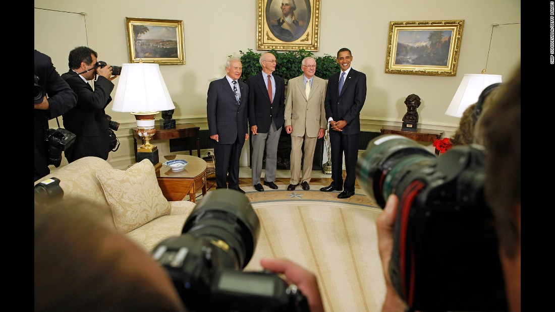 Obama hosts the Apollo 11 astronauts -- from left, Edwin &quot;Buzz&quot; Aldrin, Michael Collins and Neil Armstrong -- in the Oval Office on July 20, 2009. It was the 40th anniversary of the moon landing.