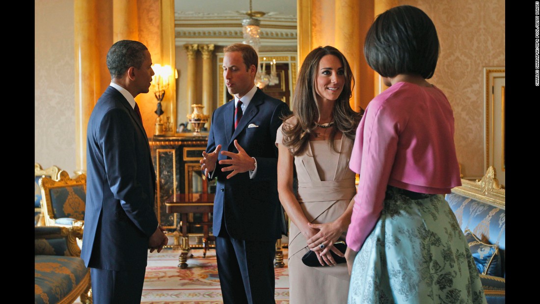 Obama and the first lady meet with Britain&#39;s Prince William and Catherine, Duchess of Cambridge, at Buckingham Palace in May 2011. 