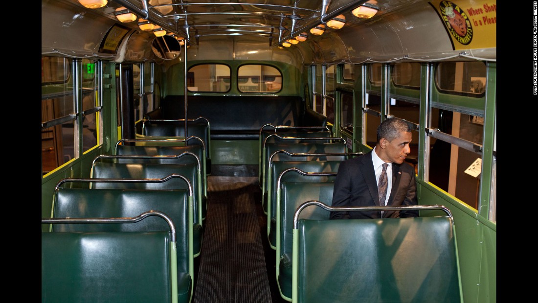 Obama sits on the famed Rosa Parks bus at the Henry Ford Museum in Dearborn, Michigan, in April 2012.