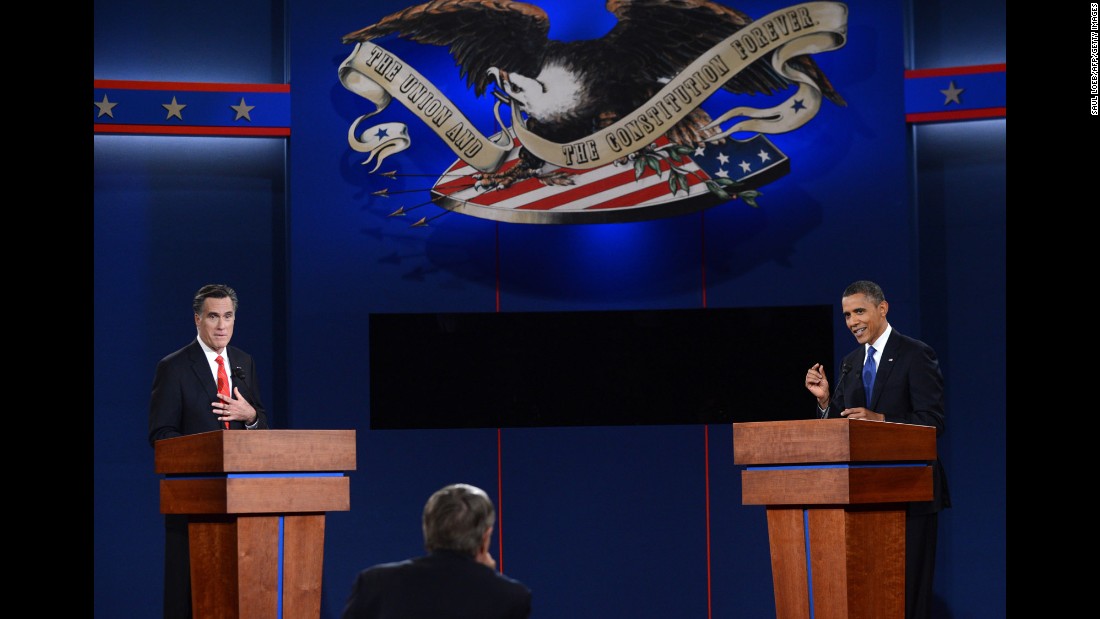 Obama and Republican presidential candidate Mitt Romney participate in the first presidential debate of the 2012 election.